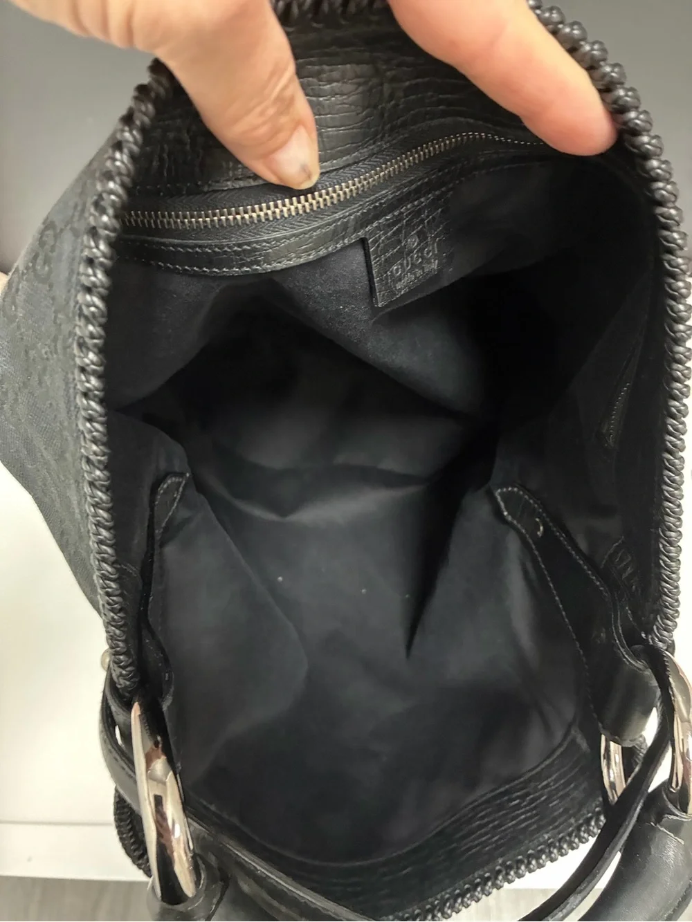 Authentic Gucci Black Monogram Jacquard Horsebit Large Hobo Bag